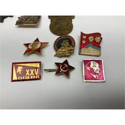 Five WW1 French medals comprising Medaille Militaire Gallantry Award, two Croix de Combattant, Medaille Commemorative Francais 1914-18 and a Patriotic Medal; together with small quantity of Russian badges etc