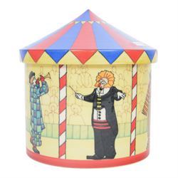 Dennis Chinaworks circus tent jar, designed by Sally Tiffin, the body decorated with clown...