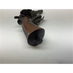 19th century Belgian Flobert 7mm pin-fire revolver with six-shot cylinder, 7cm octagonal to round barrel, folding trigger and walnut stock incorporating ejector rod in butt L18cm overall