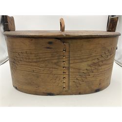 19th century Scandinavian Svepask / Tine box, the pine oval form body with notched posts and conforming lid decorated with Folk Art style pokerwork decoration and single carry handle, L38cm