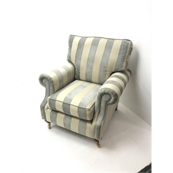 Alstons two seat Amberley sofa upholstered in grey and pale gold stripes, turned supports on castors (W195cm) and two matching armchairs (W92cm)