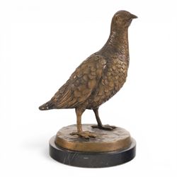 Bronze pheasant upon a circular marble base, together with a similar partridge, largest H25cm 