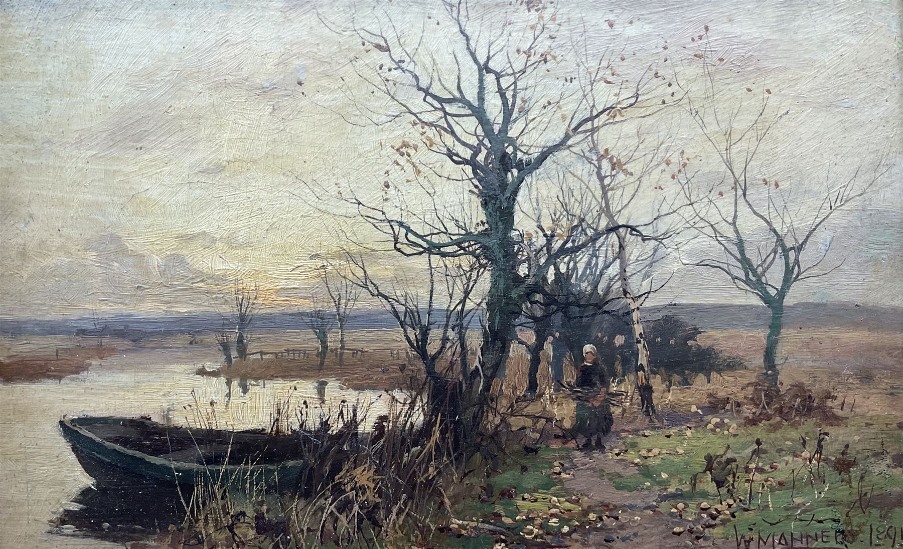 William Manners (British 1860-1930): Collecting Sticks by the Riverside, oil on board signed and dated 1891, 19cm x 30cm 