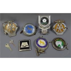  Seven car badges comprising  two chrome/yellow AA (with two AA keys), three Great dane Club, Yorkshire Rose and Dartmoor Pony Society (9)  