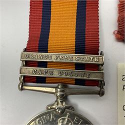 Victoria Queens South Africa Medal with Cape Colony and Orange Free State clasps awarded to 2929 Pte. H. Darcy Argyle and Sutherland Highlanders; with replacement ribbon and fragment of original.