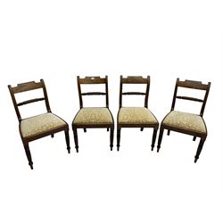Set four early 19th century mahogany dining chairs, rope twist middle rails and front supports, with drop in seats upholstered in foliate scroll patterned fabric