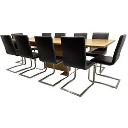 Contemporary walnut extending dining table, rectangular pull-out extending action top with two additional leaves, on rectangular base with burnished metal feet (160cm - 258cm x 100cm, H78cm); together with a set of ten cantilever dining chairs upholstered in stitched brown leather, on burnished metal supports 
