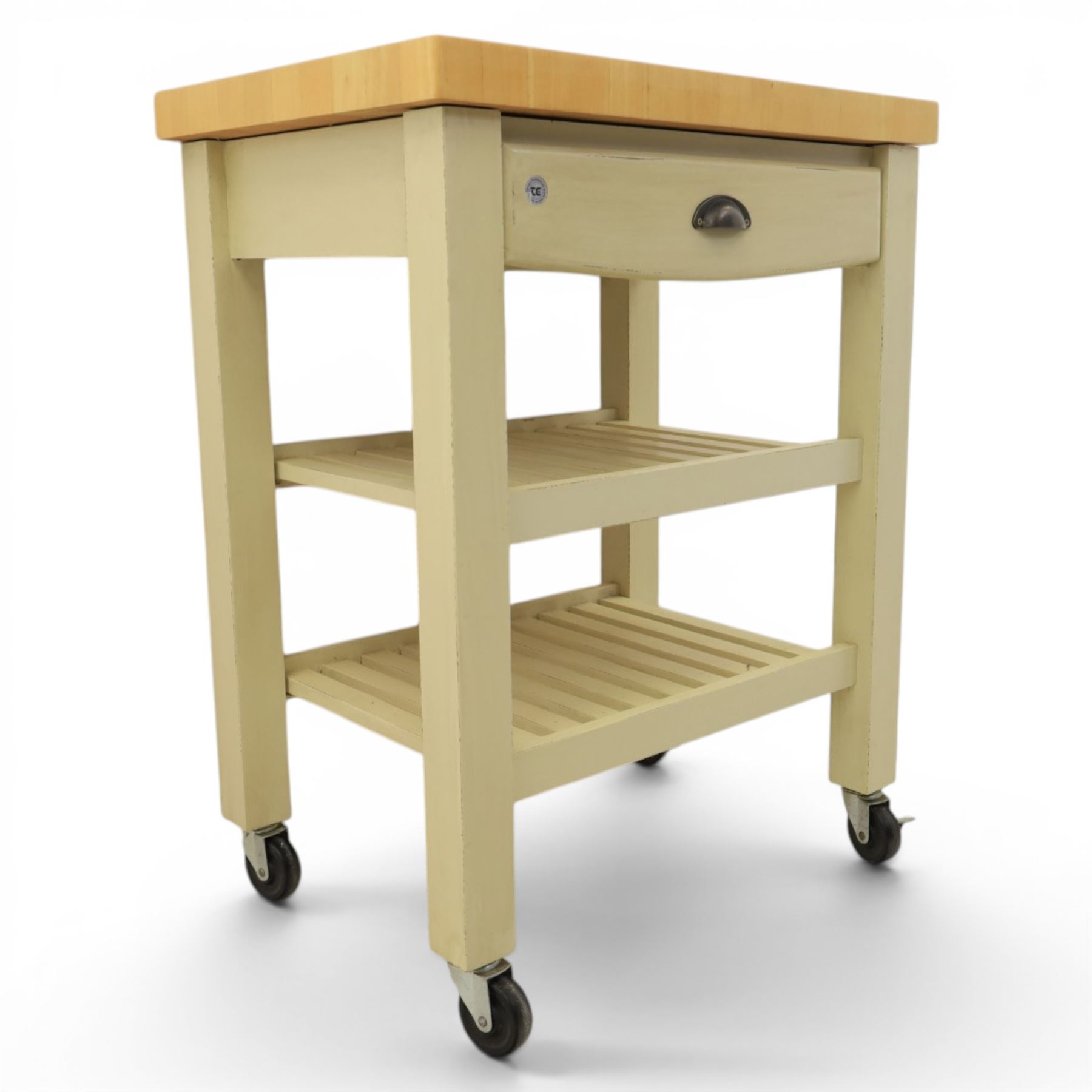T & G Woodware - 'Pembroke Trolley' contemporary butchers block kitchen trolley, single drawer, two tiers of shelving raised on castors