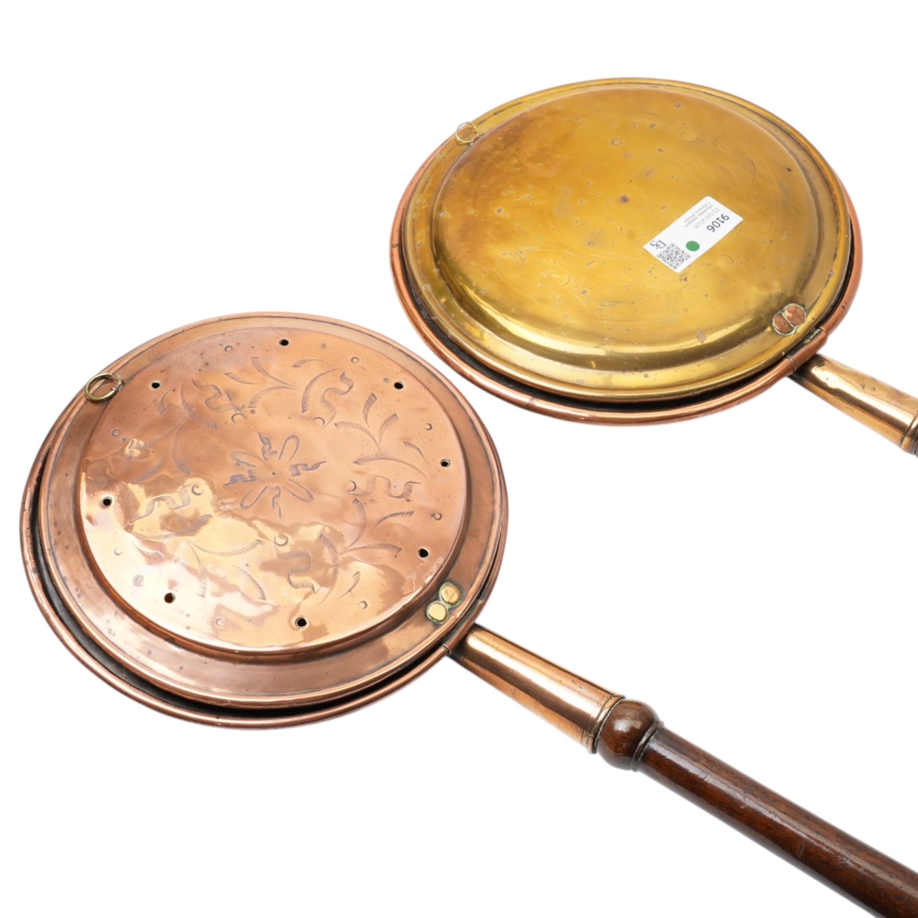 Two Victorian brass and copper warming pans, brass preserve pan, oak bellows and other items