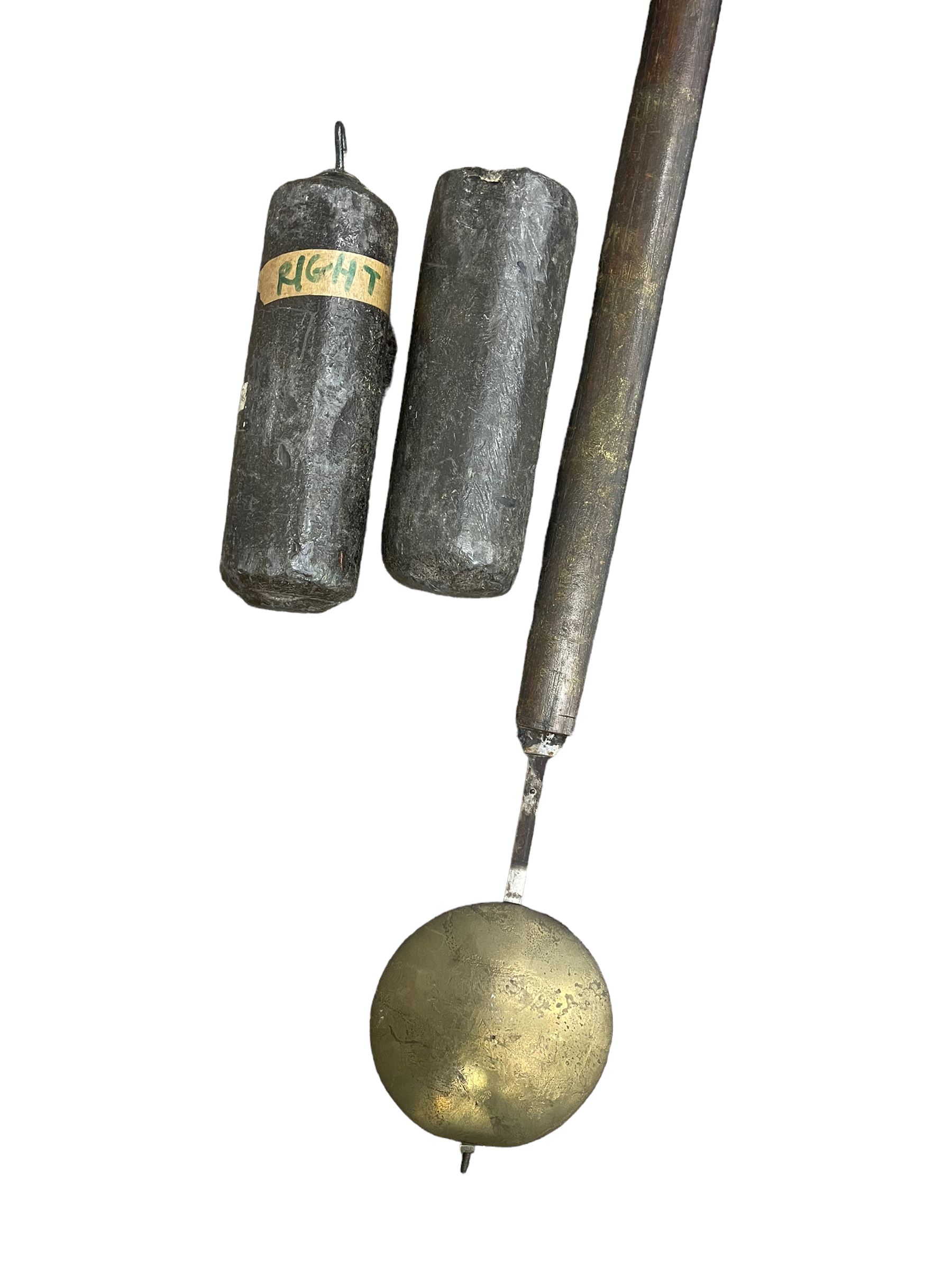 Penlington of Liverpool – early 19th century 8-day mahogany longcase clock, swans neck pediment with three turned wooden finials and verre eglomise panels, trunk with reeded columns and wavy topped door, plinth with canted corners on bracket feet, painted break-arch dial with Roman numerals and five-minute Arabic’s, centre sweep calendar and seconds hands, blue steel serpentine hands, signed beneath a painted rolling moon in the arch PENLINGTON, LIVERPOOL, eight day four pillar movement, anchor escapement and rack striking on a bell. With pendulum and weights.  The Penlington family were prolific clockmakers in 19th century Liverpool working from several addresses in the city, also recorded as chronometer and chronograph makers.