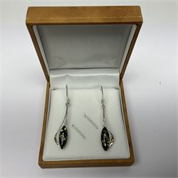 Pair of silver green Baltic amber pendant earrings, stamped 925, boxed