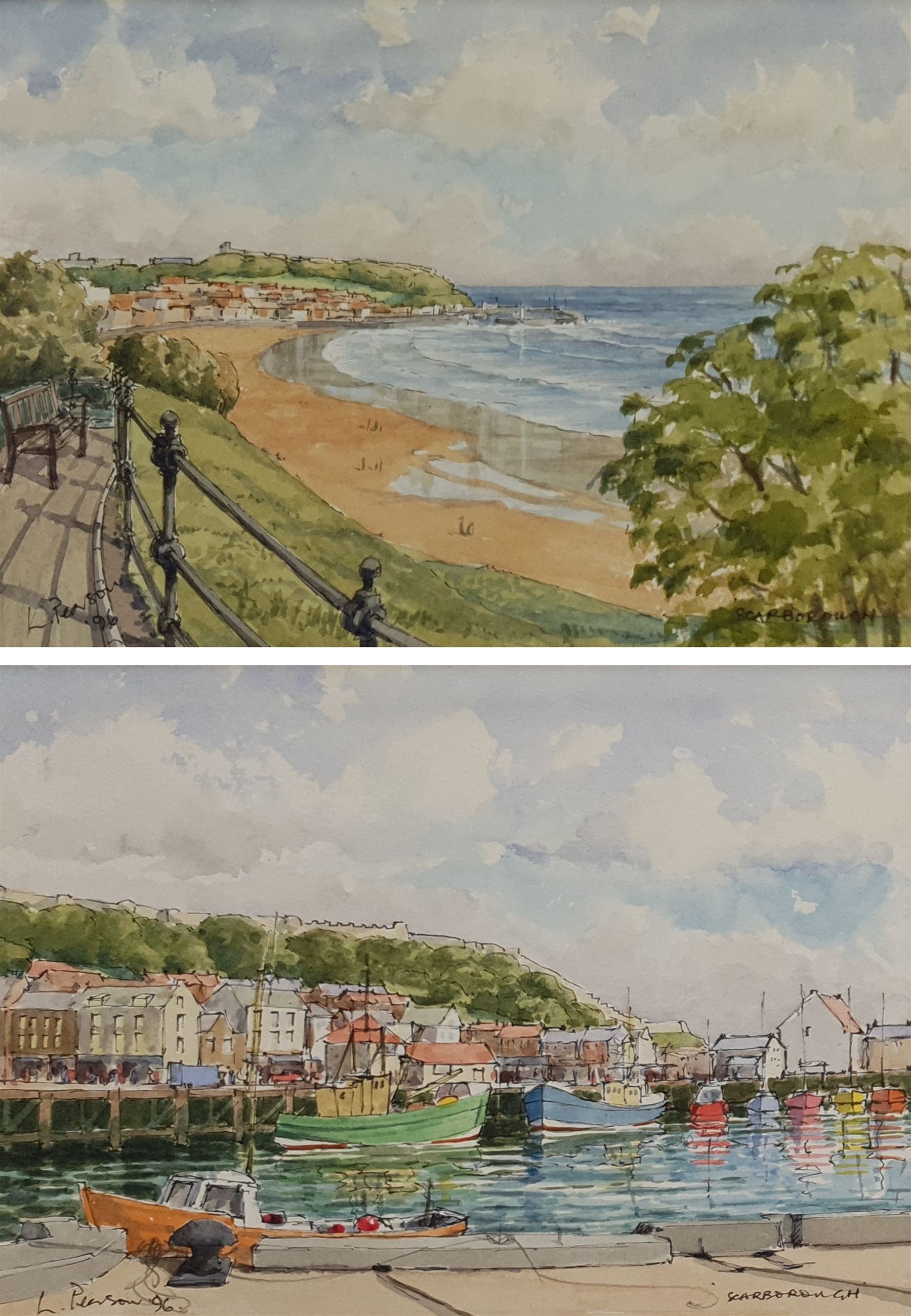 Les Pearson (British 1923-2010): 'The Harbour Scarborough' and 'Scarborough' from the Esplanade, pair watercolours and ink signed titled and dated '96, one with artist's Bridlington address label verso 15cm x 20cm (2)