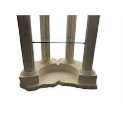 Cast architectural stone effect column display stand, fitted with three glass shelves 
