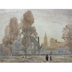 George Harrison (York 1882-1936): Figures in a Yorkshire Village with Steeple in Background, watercolour signed and dated 1925, 34cm x 46cm
Notes: Harrison studied at York School, Leeds College of Art, RCA and Newlyn. Became Principal of York School of Art and also ran a school of art at the Corn Mill Stamford Bridge York