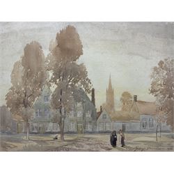 George Harrison (York 1882-1936): Figures in a Yorkshire Village with Steeple in Background, watercolour signed and dated 1925, 34cm x 46cm
Notes: Harrison studied at York School, Leeds College of Art, RCA and Newlyn. Became Principal of York School of Art and also ran a school of art at the Corn Mill Stamford Bridge York