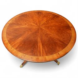 Regency design circular mahogany centre table, the radiating veneered top with contrasting crossbanded edge, on turned column support and four swept legs with brass paw feet and castors