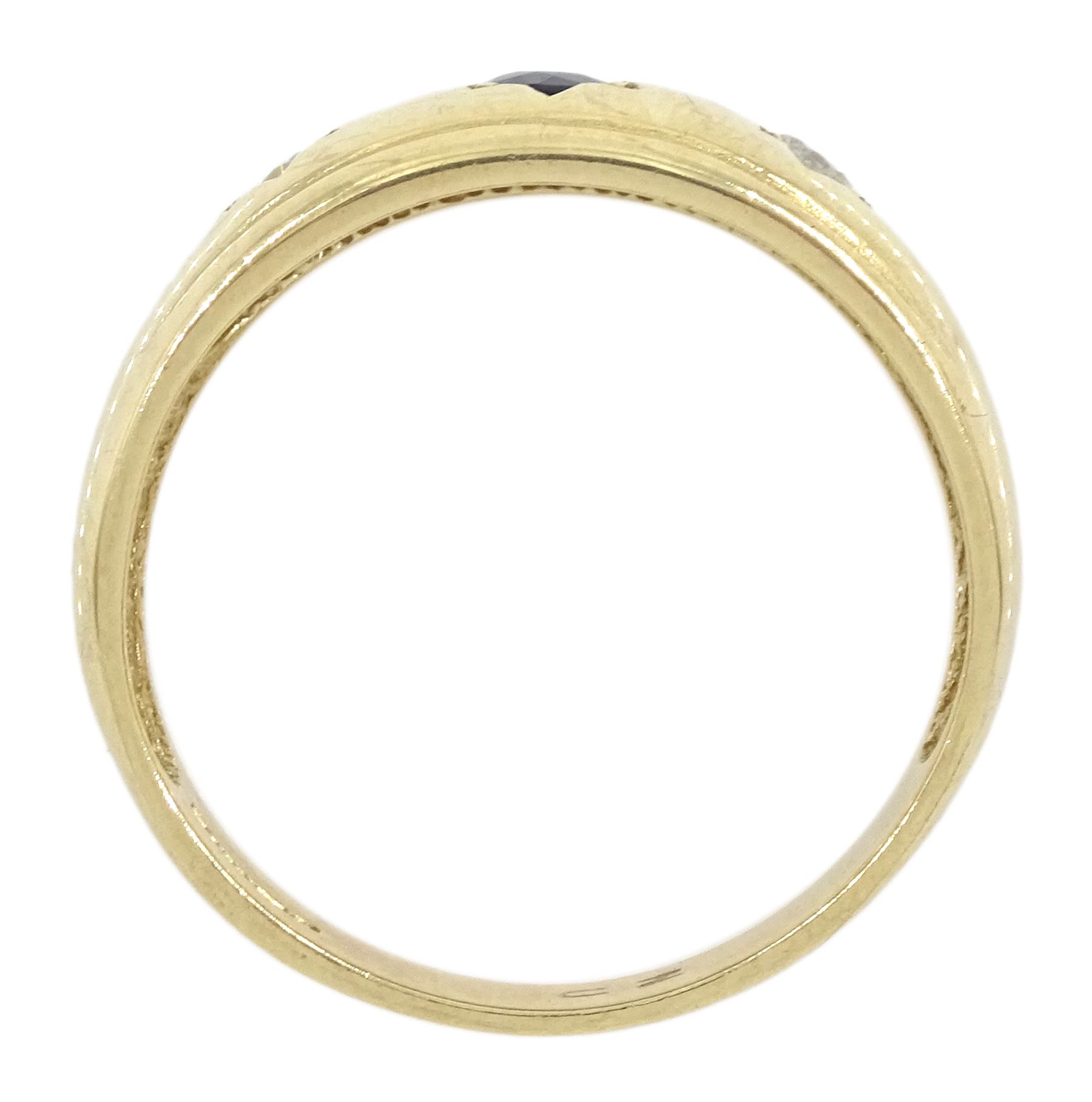 9ct gold three stone gypsy set blue and white cubic zirconia ring, hallmarked
