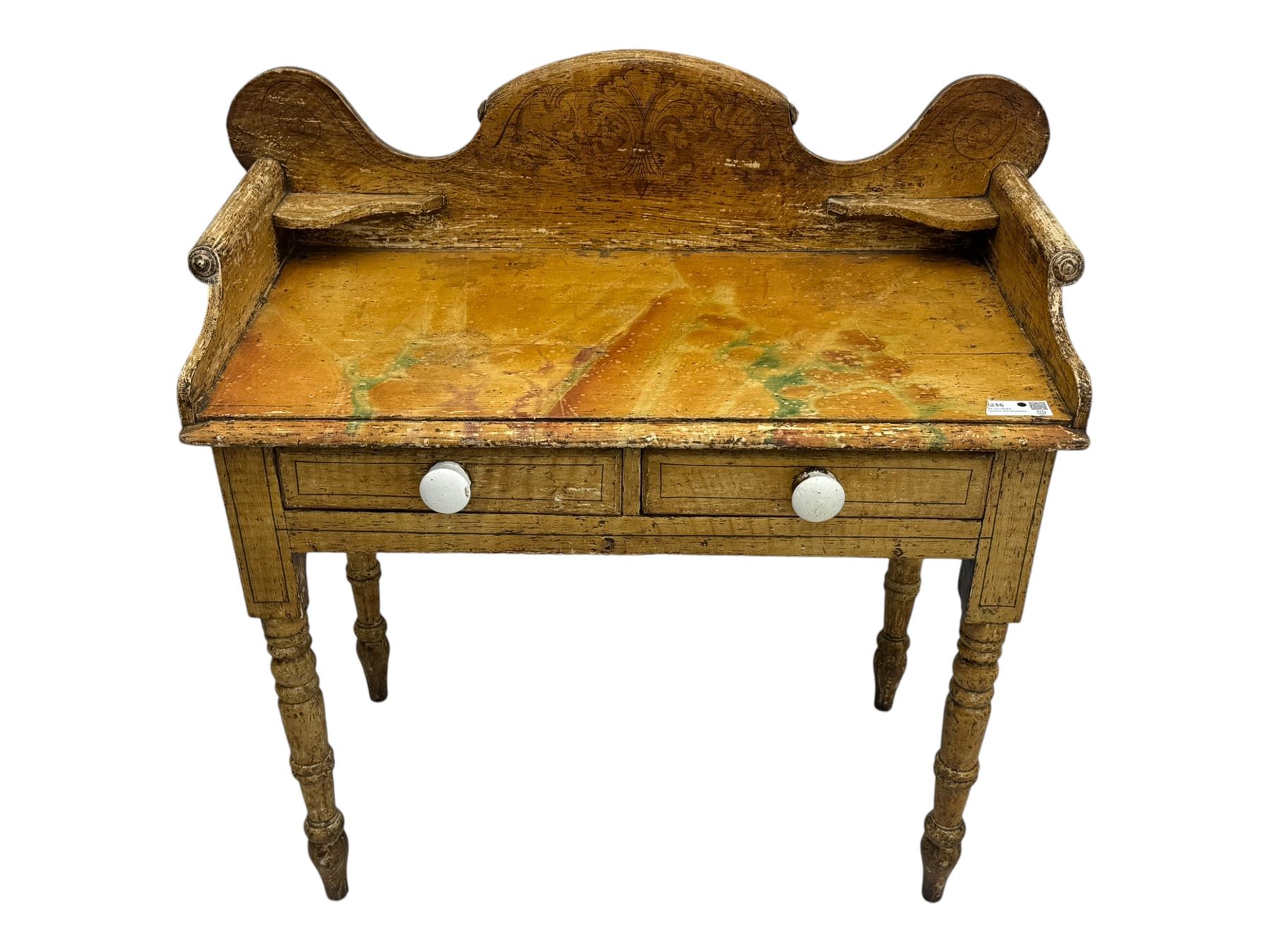 Victorian scumbled pine dressing table, rectangular top with shaped and scrolled gallery back, fitted with two drawers with ceramic knobs, on turned supports