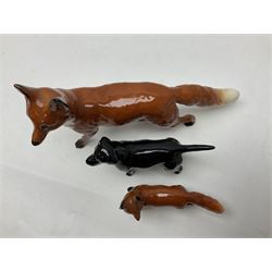 Ten Beswick figures, to include large fox no. 1016, standing fox no. 1440, badger cub no. 3392 and highland calf 1827D, two sheep, three birds, etc, all with printed marks beneath, largest H13cm