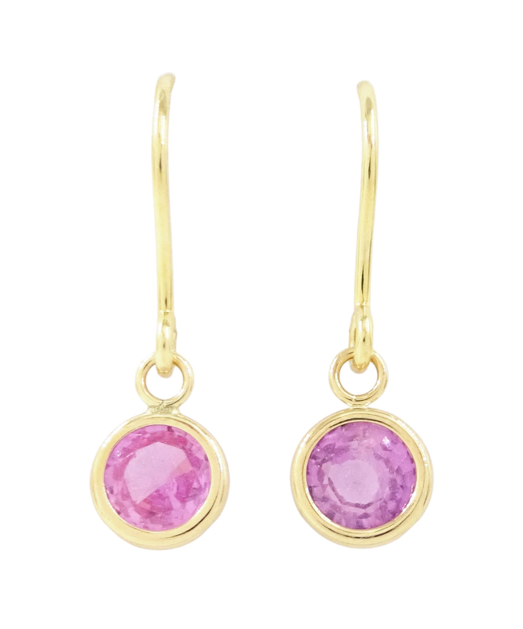Pair of 9ct gold pink sapphire pendant earrings, stamped 375