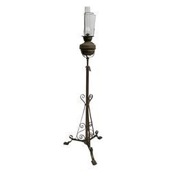 Victorian standard oil lamp, turned column with scrolled supports (H168cm); together with a small antique oil lamp (2)