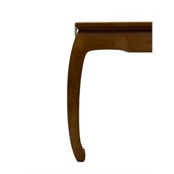 Oriental hardwood rectangular dining table, and six high back dining chairs with solid seats