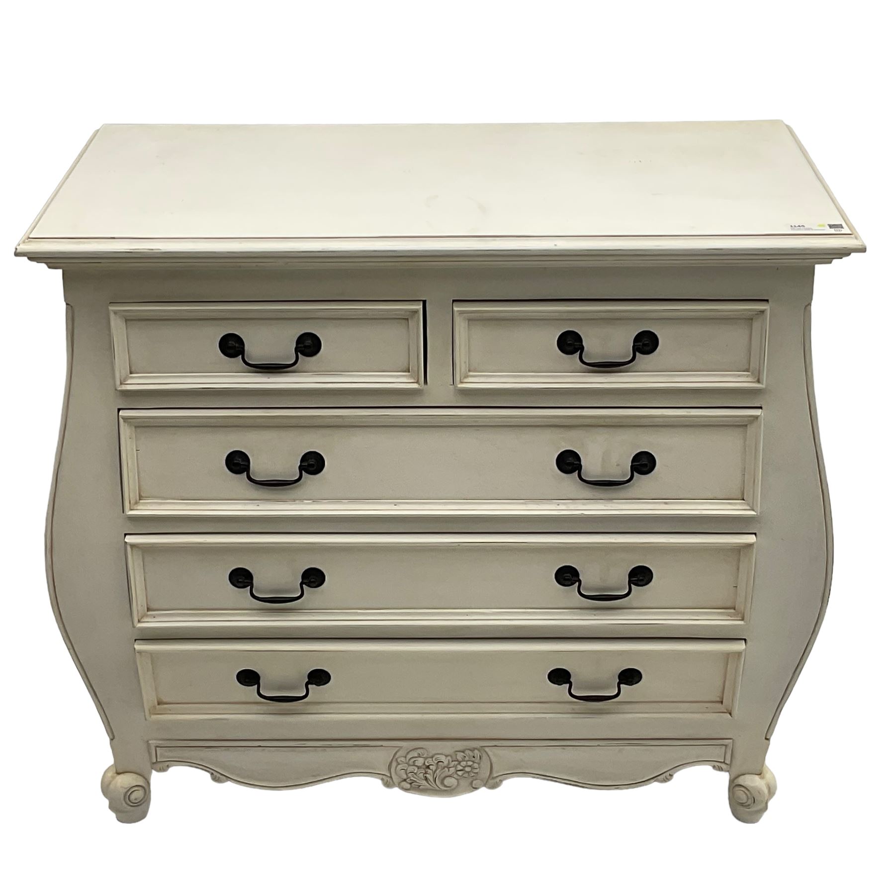 French design bombe shaped chest, moulded rectangular top over two short and three long drawers, on scrolled feet, in cream paint finish 