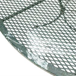 Green painted wrought metal garden table and chairs, with green striped cushions 