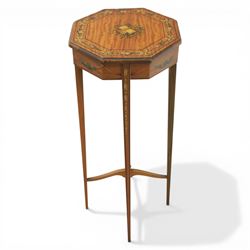 Edwardian inlaid satinwood occasional table, the octagonal top with central painted classical urn within floral garland border, shaped frieze with further painted swags, raised on square tapering legs united by an undertier stretcher