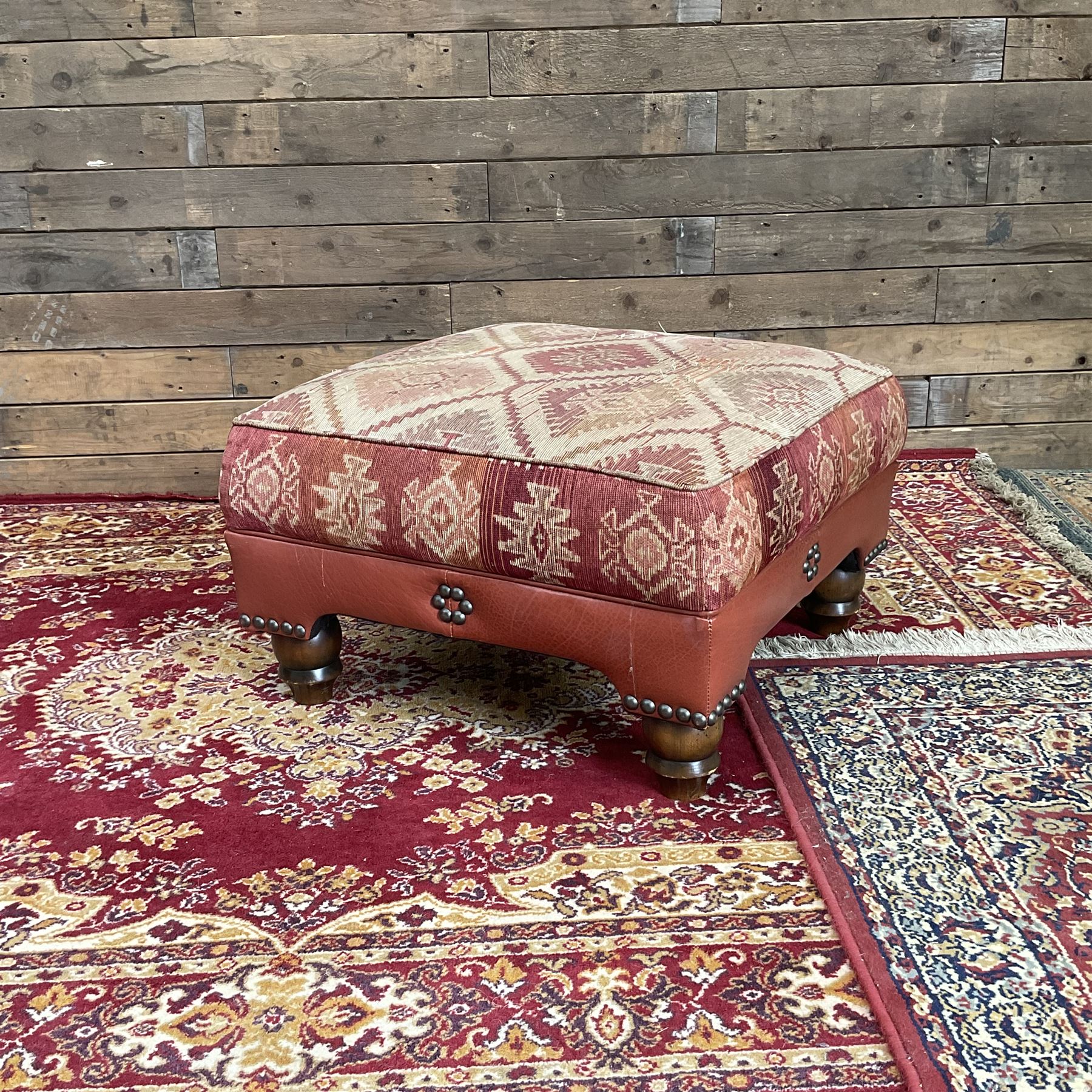 Tetrad Eastwood Wingback Leather Kilim Armchairs Brown with footstool,