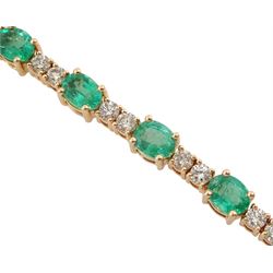 18ct rose gold oval emerald and round brilliant cut diamond bracelet, stamped 18K, total emerald weight approx 5.00 carat, total diamond weight approx 1.75 carat