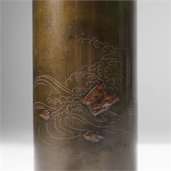  Japanese Meiji period bronze cylindrical vase, decorated with Mount Fuji in light relief, H20.5cm 