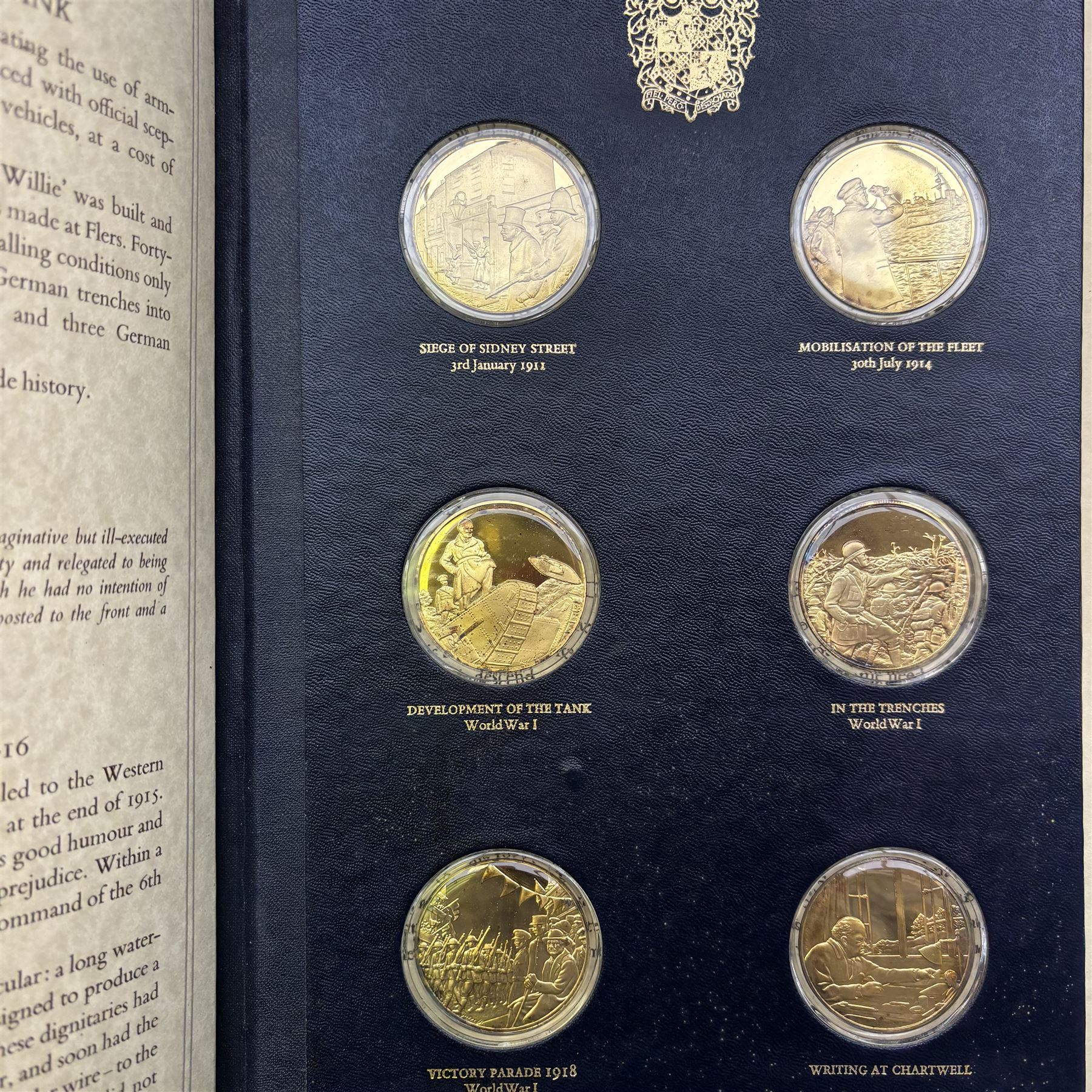 The Churchill Centenary Trust Medal Collection, 1974, a complete set of 24 silver-gilt medallions struck by John Pinches, issued by the Churchill Centenary Trust to commemorate the 100th anniversary of the birth of Winston Churchill; individually encapsulated with certificate of authenticity and housed in a leatherette display album