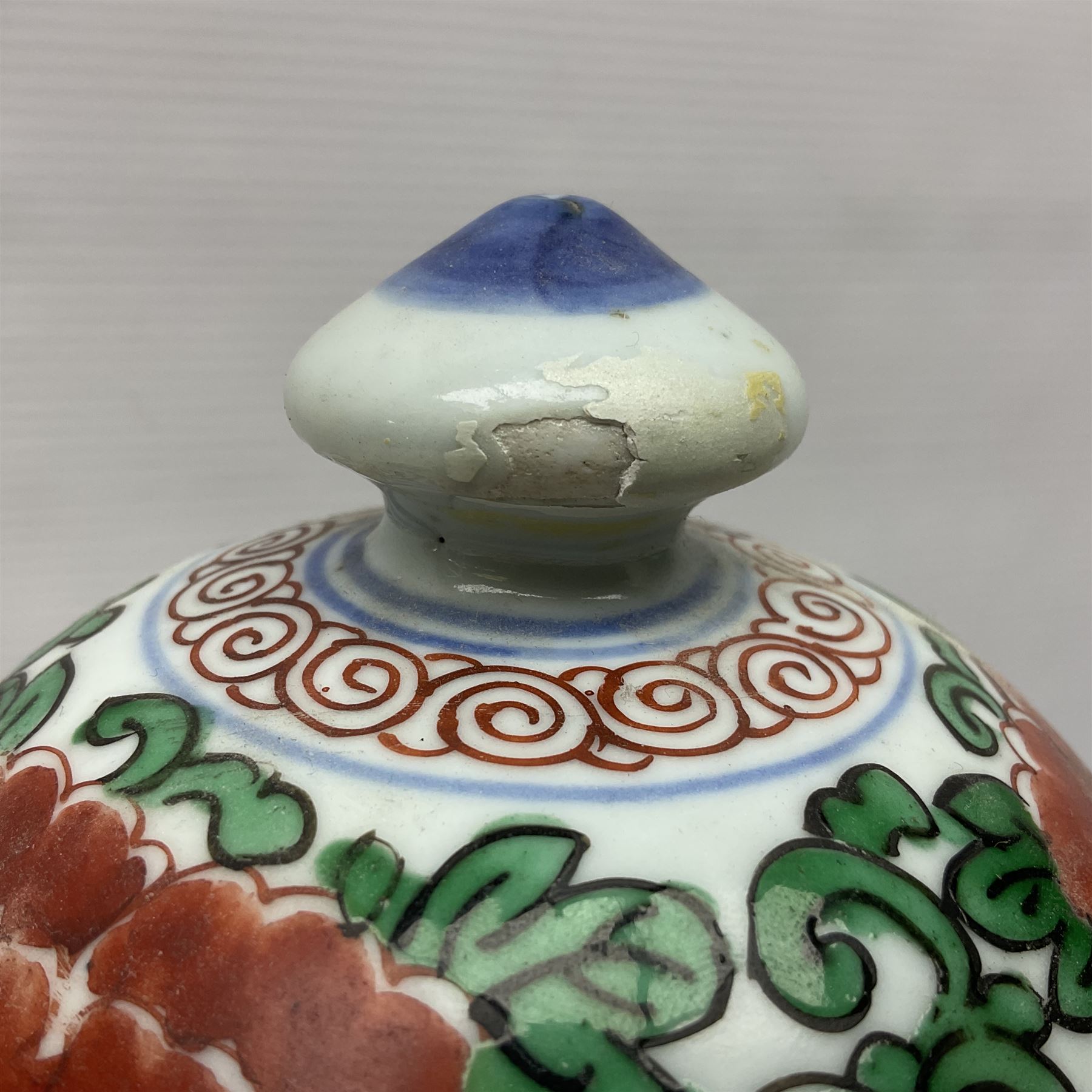 19th century Chinese Wucai vase and cover, decorated  with peacock on blue rockwork and other birds flying amongst tree peonies, H43cm