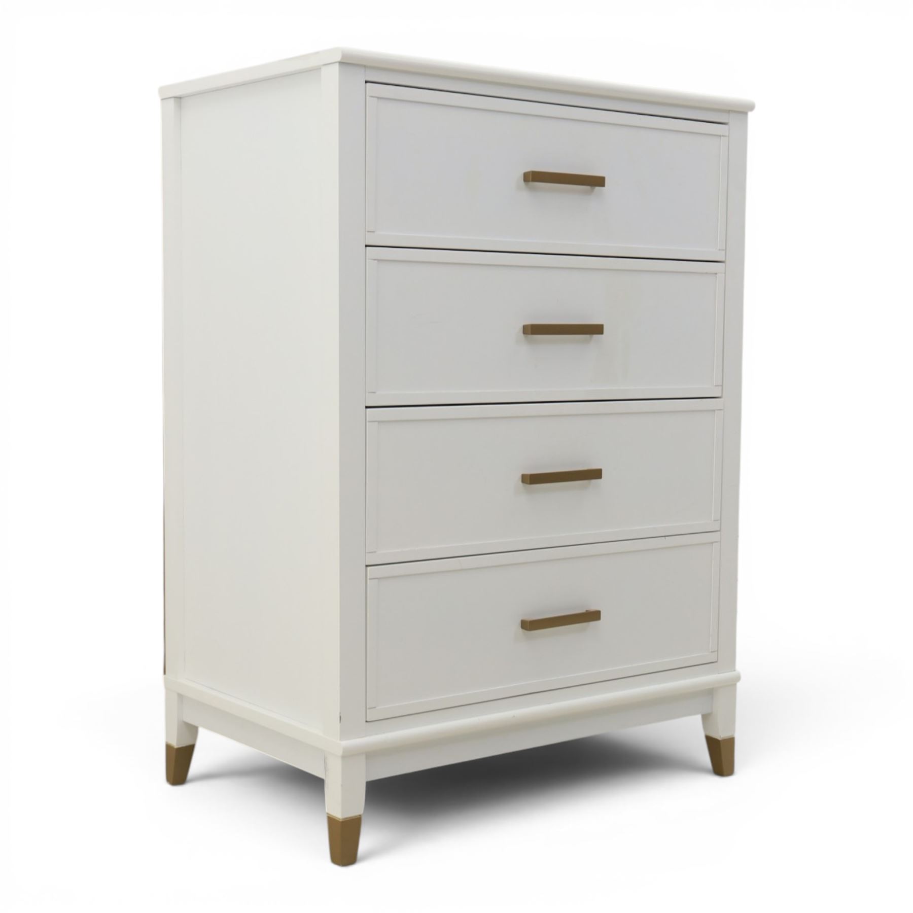 Dorel Home - Modern chest of drawer, white painted rectangular top above, four drawers with bronze metal handles, on tapered supports 