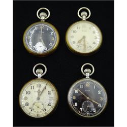 Four WWII British Military Issue pocket watches including Jaeger-LeCoultre, Cyma, Damas and Grana, all back case with broad arrow and engraved GSTP