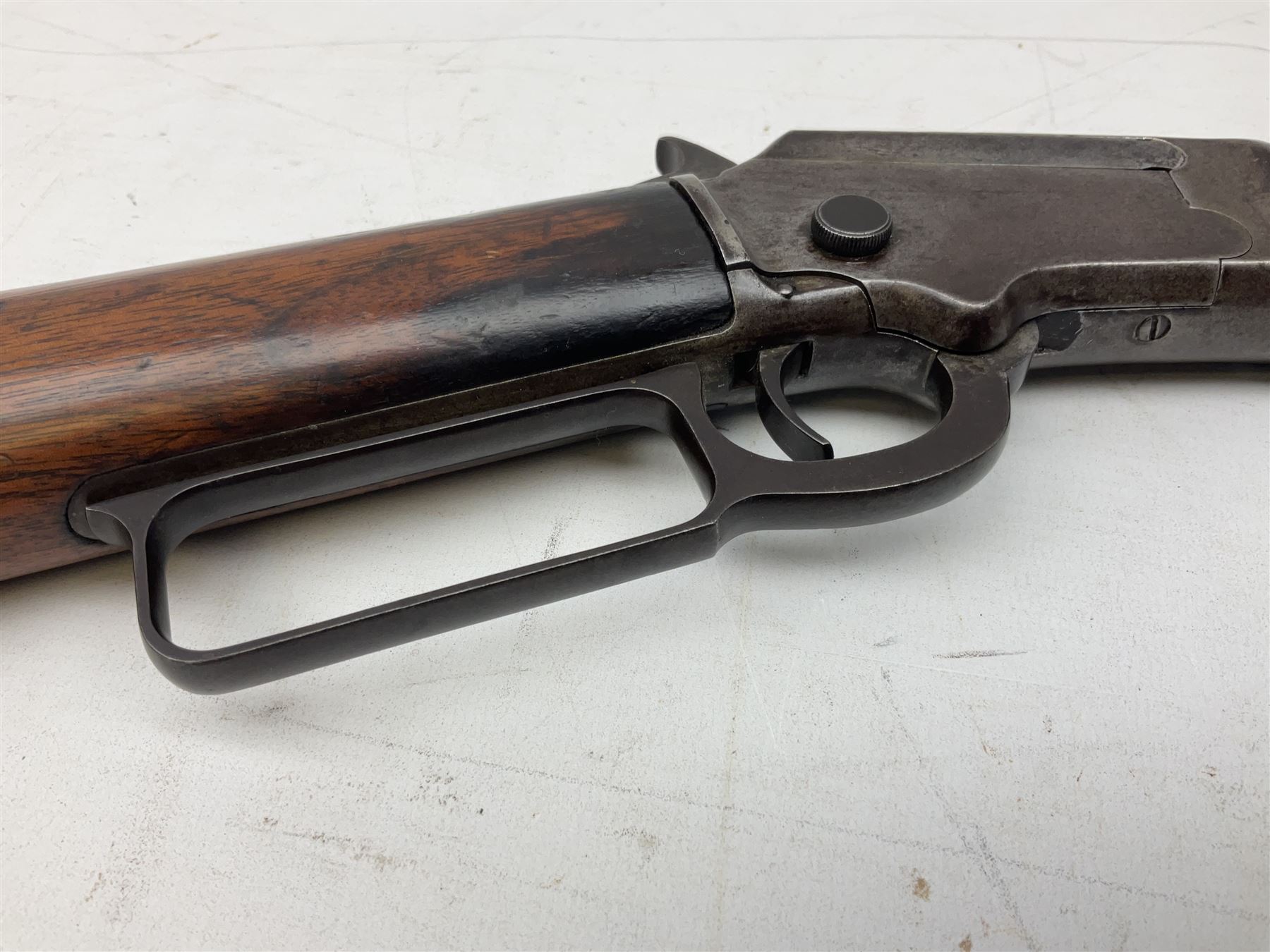 Marlin Firearms Co. USA 'Safety' .32 rim-fire rifle dated 1892, the 61cm barrel with magazine tube under, walnut stock with under lever cocking and crescent butt plate, serial no.153534, L103.5cm