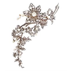 19th century gold and silver diamond and pearl en tremblant detachable brooch, the flower tremblant with a principal old cut diamond of approx 1.90 carat, the petals and stamen set with old cut and rose cut diamonds, total diamond weight approx 9.10 carat, to a foliate spray set set with further rose cut diamond and white / pink / cream pearls and ribbon tie