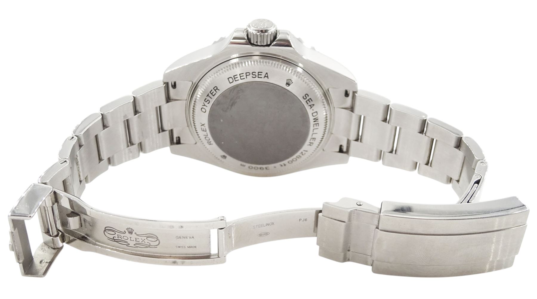 Rolex Oyster Perpetual Date Deepsea Sea-Dweller gentleman's stainless steel automatic wristwatch, circa 2008, Ref. 116660, serial No. V120010, luminous filled dot hour markers, baton quarters and white outer minute divisions, on Rolex Oyster bracelet, with fold-over clasp, boxed with papers