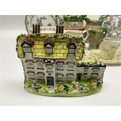 Royal Crown Derby Brocade pattern jug and sugar bowl, together with a similar gilt floral pattern bowl, three graduating Staffordshire style pearlware cottage jugs, Leeds Pottery model cottage and other ceramics and glassware, etc