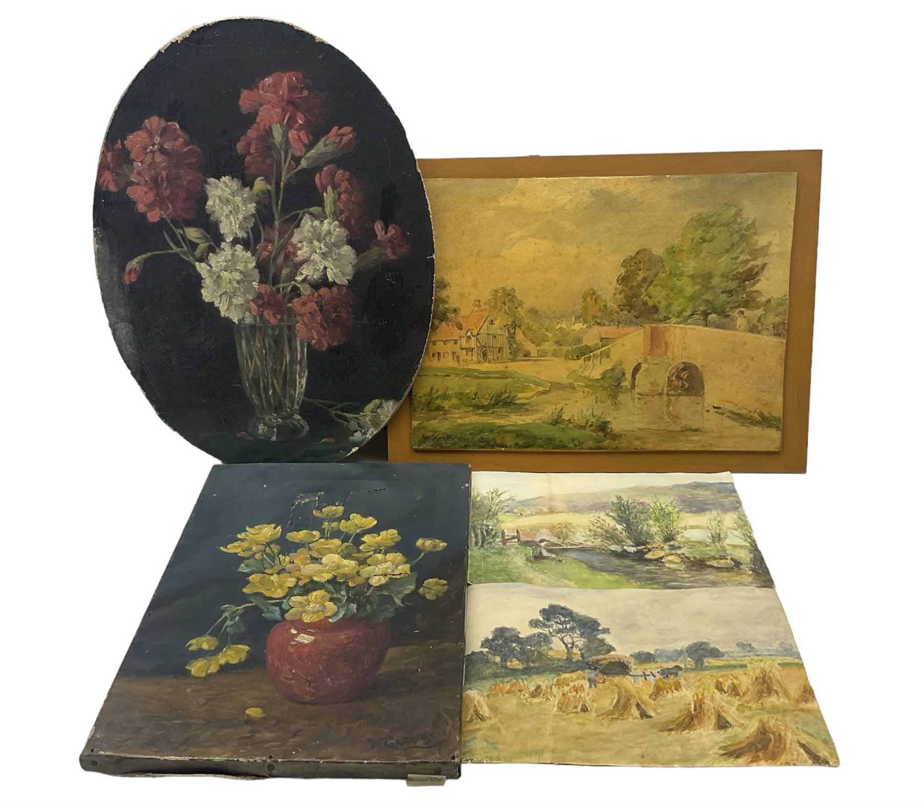 William Greaves (British 1852-1938): Still Lifes, two oils on canvas (one cut into an oval and laid on to board) signed, together with three watercolours by the same hand (unframed)
