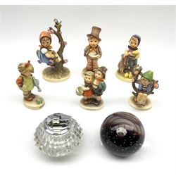 Six Goebel Hummel figures, together with a Caithness limited edition 'Illusion' paperweight, no 918/1000, and Ronson glass table lighter. (8).