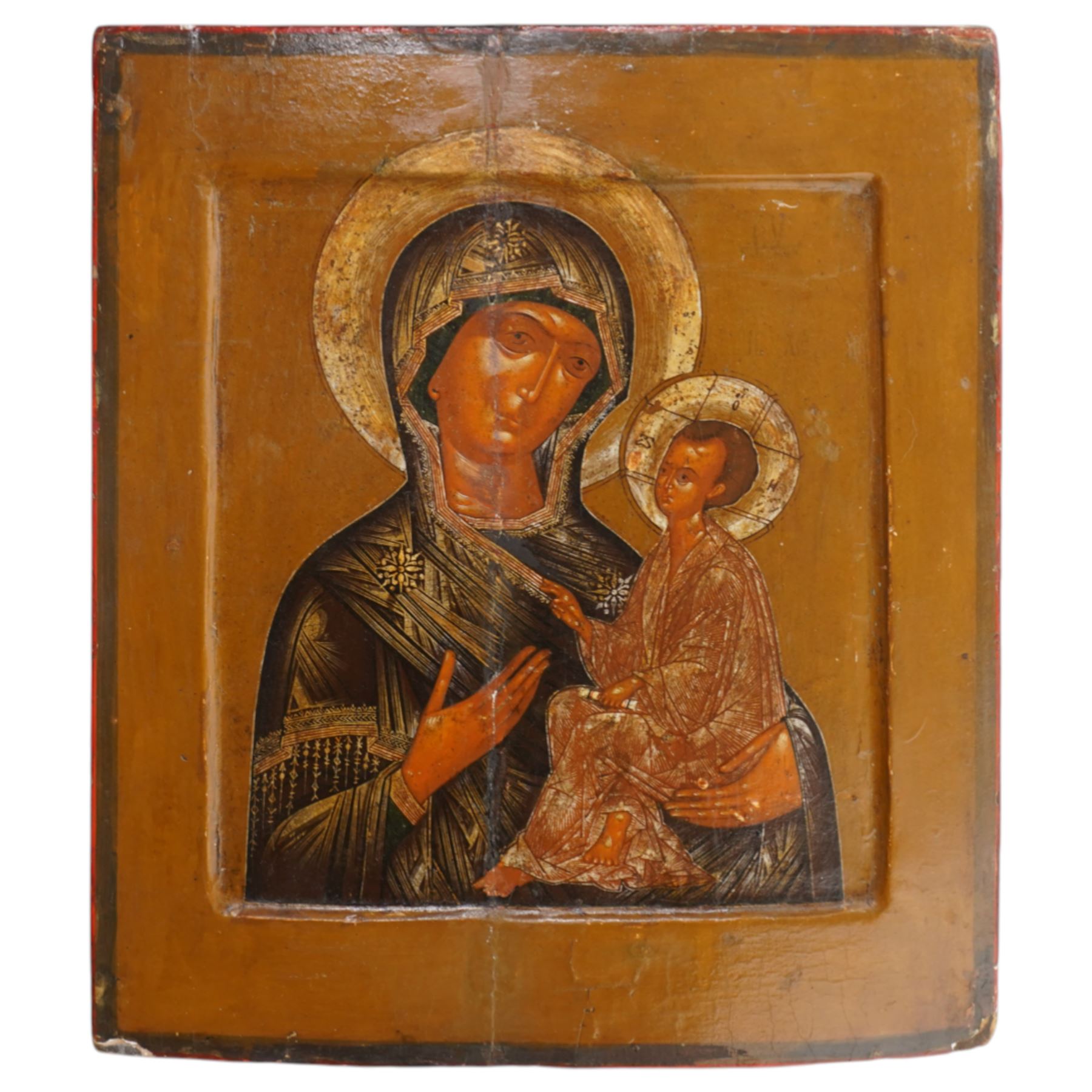 19th century giltwood and tempera Orthodox icon of the Madonna and Child on panel, 31cm x 27cm 