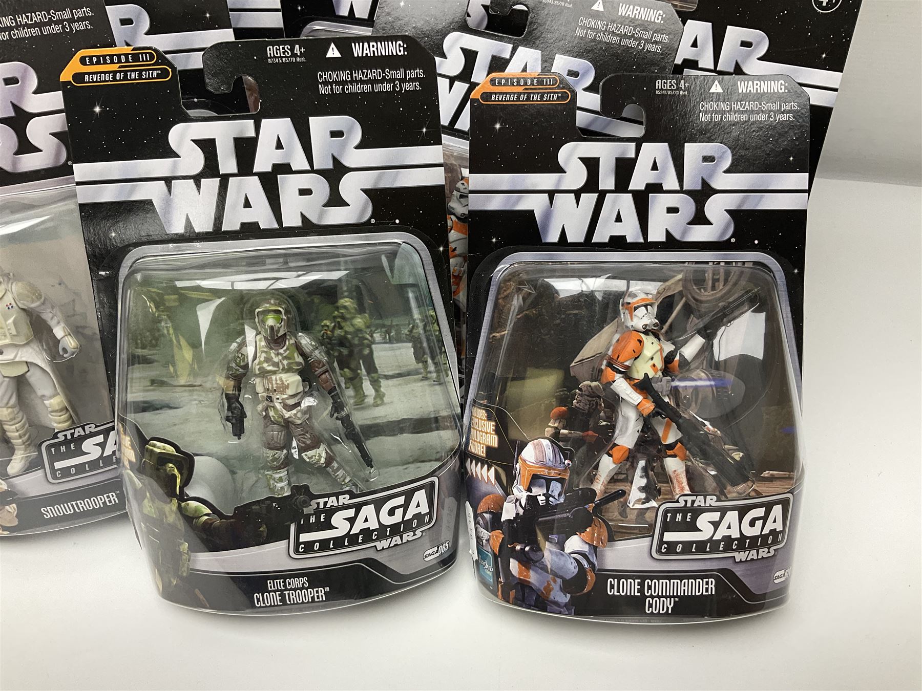Star Wars - The Saga Collection - Mace Windu's Jedi Starfighter; boxed; and twelve carded figures comprising Biker Scout, General Grievous, At-At Driver, Clone Trooper Sergeant, various other Clone Troopers and Commander Cody, Snowtrooper and Scorch Republic Commander; all in unopened blister packs (13)