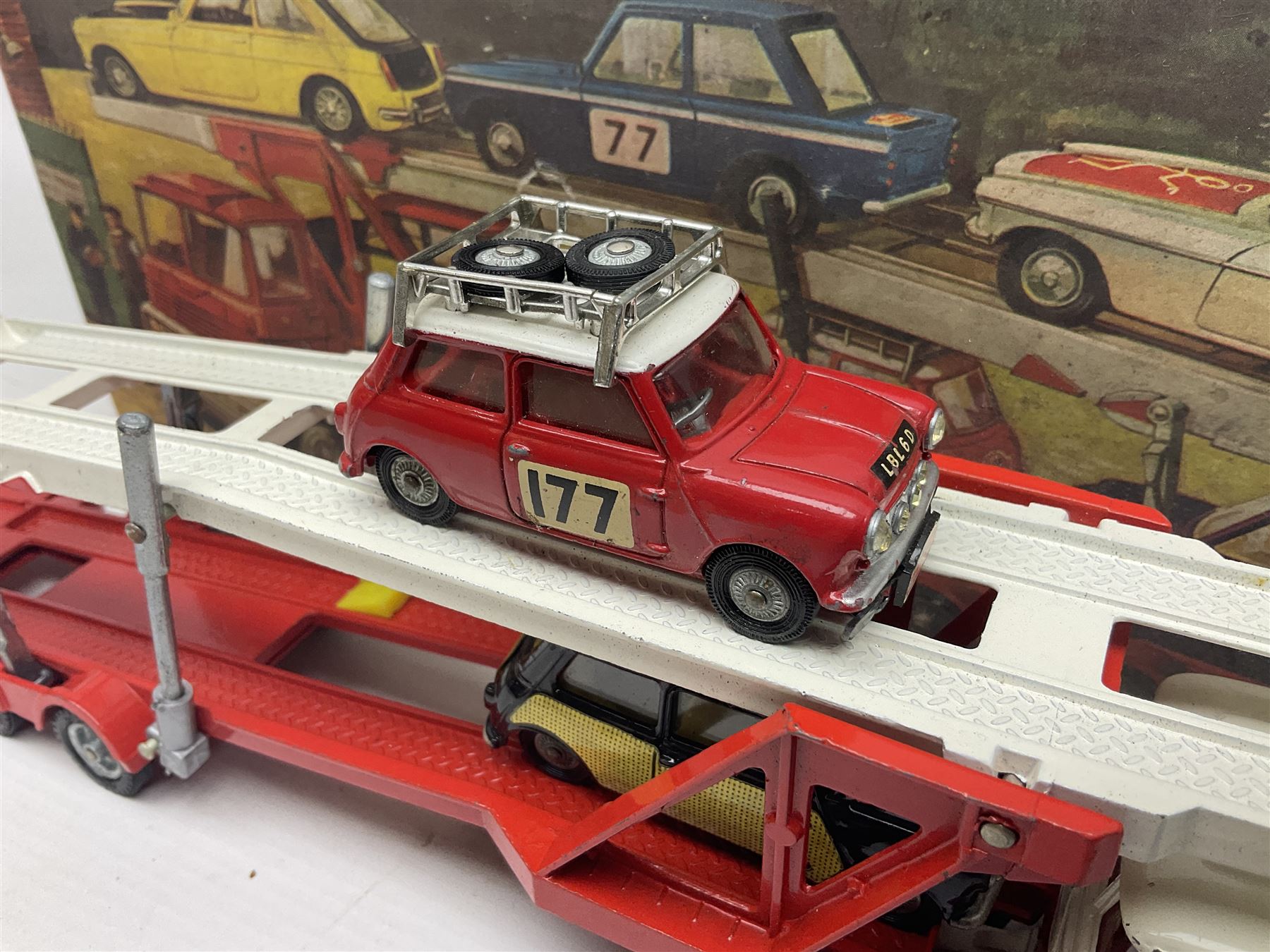 Corgi - Gift Set no.41 comprising Carrimore Mark Iv Transporter, Morris Mini-Cooper, BMC Mini-Cooper S, Morris Mini-Minor, Volvo P.1800 and Sunbeam IMP; missing MGC GT car; in original box 