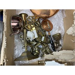 Collection of silver plated cased cutlery including part canteens and butter knives, together with other metal ware including J&J Siddons iron, horse brasses and a copper kettle, 1970s children's annuals including Beano, two handbags and three suitcases, vintage tins etc, in four boxes 