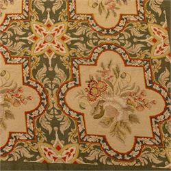 Late 20th-century Aubusson-style woven tapestry of rectangular form, woven with an all-over repeating arrangement of cream quatrefoil cartouches, each enclosing a stylized floral spray with an olive green scrolling foliate ground, interspersed with star motifs 