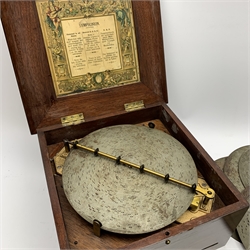  German Schutz-Marke Symphonium disc musical box in later mahogany case, the quarter veneered top opening to reveal the Symphonion label behind glass under the lid, twin steel combs with forty-two teeth each and lever winding action to the front No.350480, with six 27cm discs, 35.5cm square  