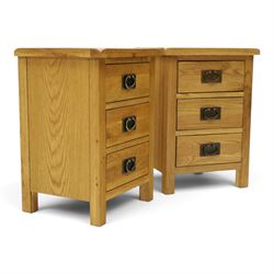 Pair of solid light oak bedside chests, rectangular top over three graduating drawers with metal handles and plates, on square feet