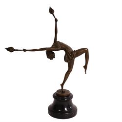 Art deco style bronze figure of a female dancing with flame torches, raised upon marble base, signed Nick, H43cm 